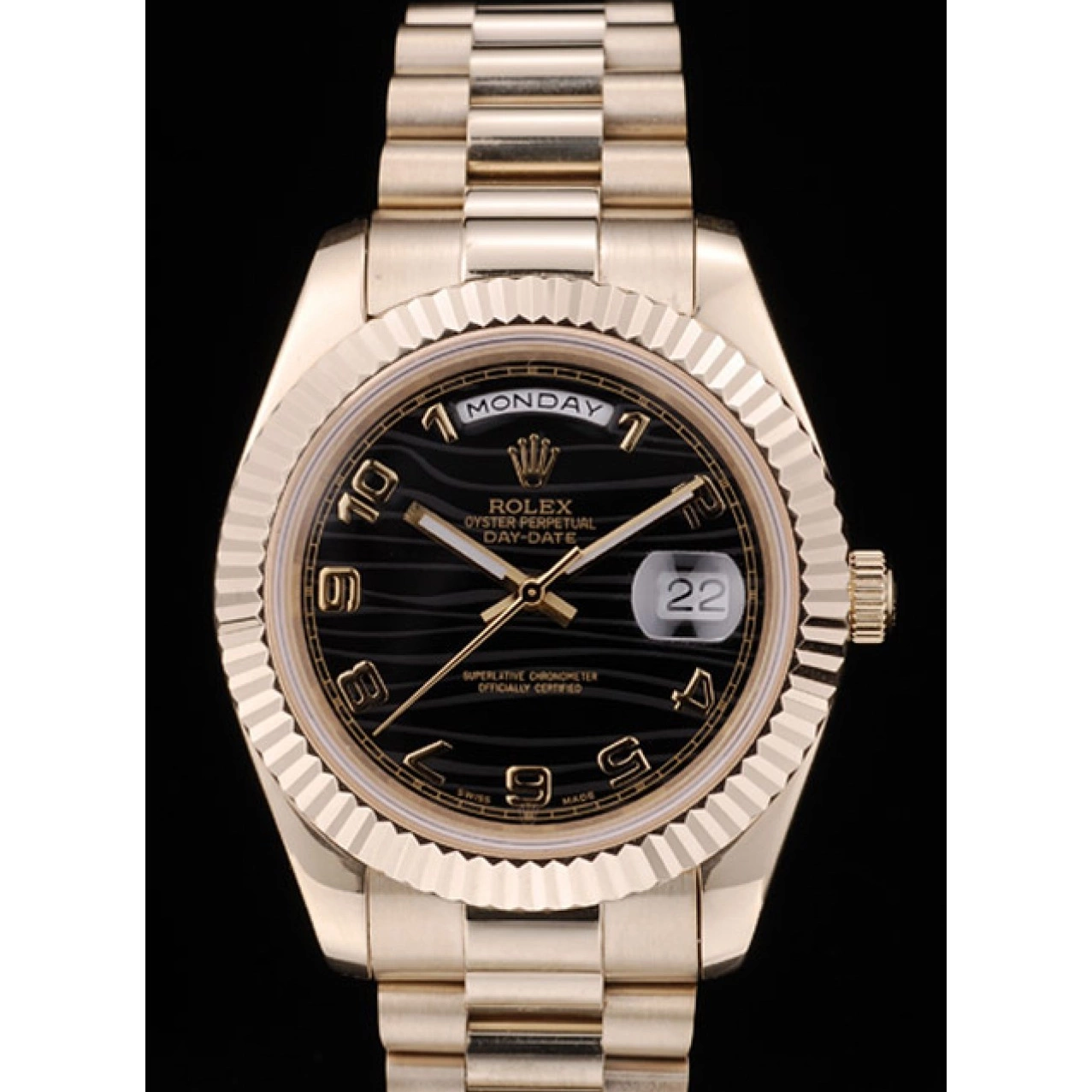 Aaa replica watch Steel Bezel Gold Swiss DayDate Stainless Dial Ribbed Rolex Black 41998 0726